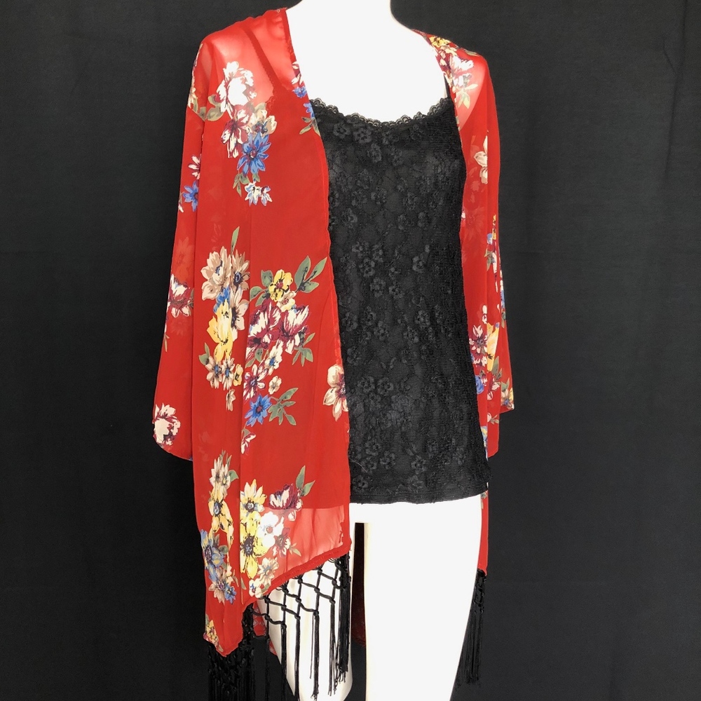West Kei Red Floral Semi Sheer Kimono With Fringe